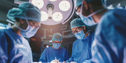Close up of a surgical team in scrubs operating on a room.
