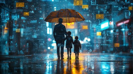 Obraz premium Shielding Wealth: Family Standing under Umbrella Amid Financial Storm for Protection from Economic Uncertainty