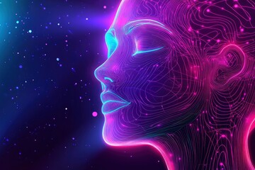 Obraz premium Neon face silhouette in cyberspace. Digital technology abstract conceptual banner. Human neon face in future tech line art style. Neural network mind in digital virtual reality. with generative ai