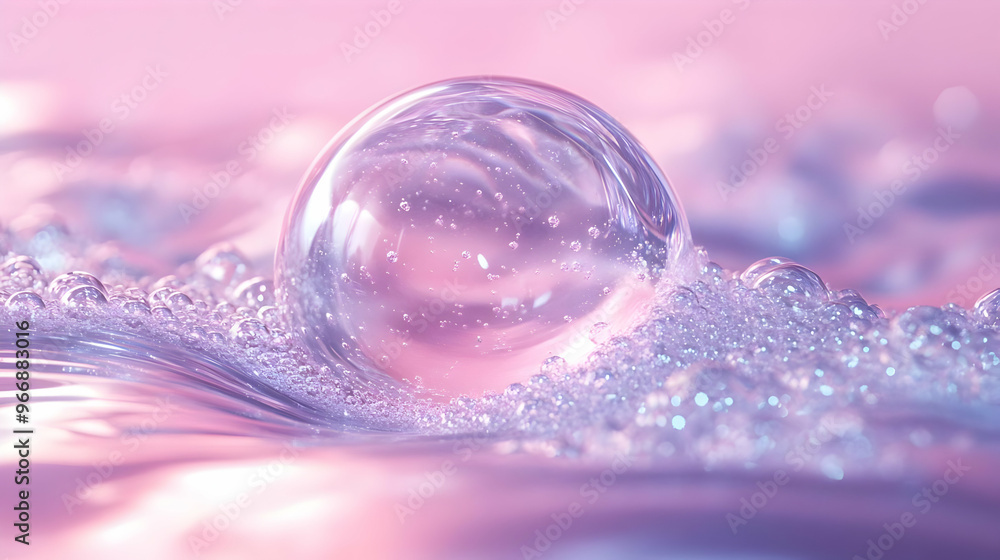 Poster a close-up of a translucent bubble resting on a surface with soft pink hues.