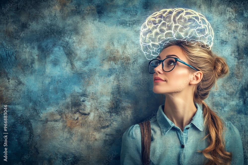 Poster neurofeedback cognitive load and synaptic potentiation woman with glasses looking upwards at abstrac