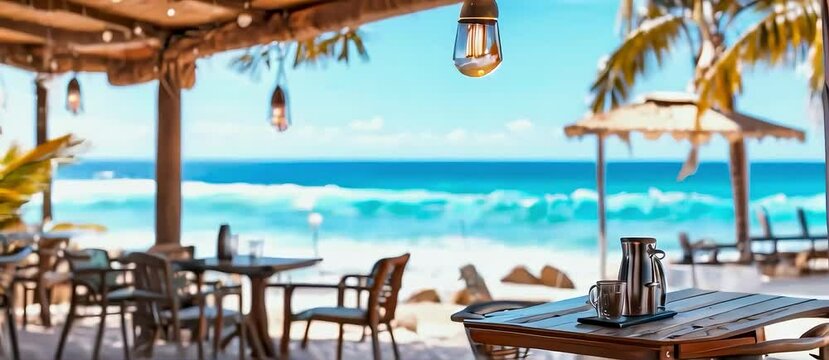 a beach bar with  a beautiful ocean view