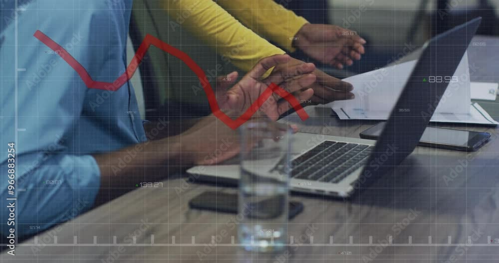 Aufkleber animation of diagram and data processing over biracial colleagues using laptop in office
