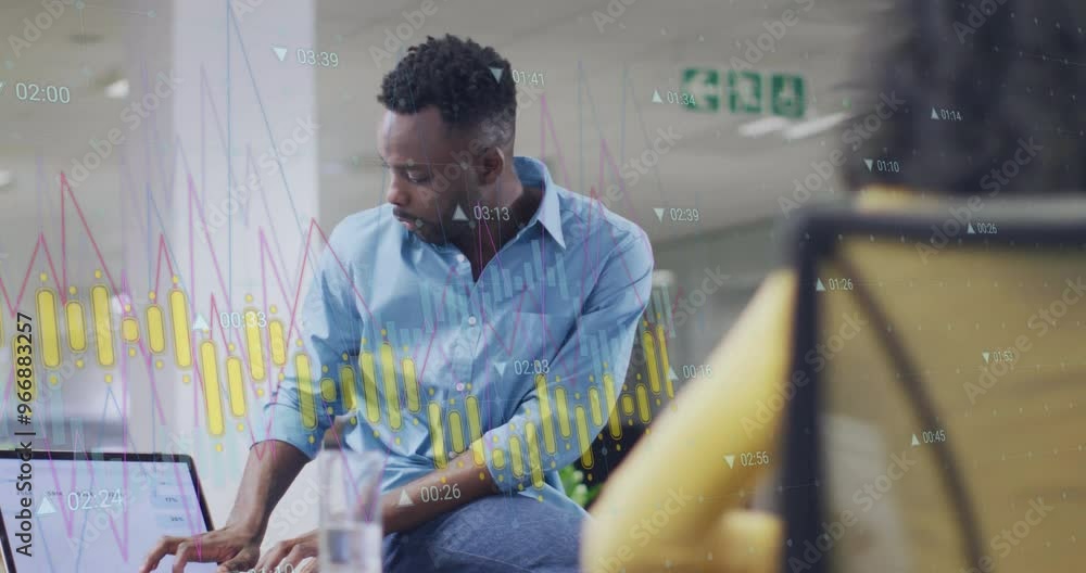 Poster animation of diagram and data processing over biracial colleagues using laptop in office