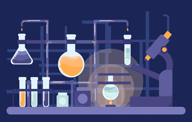 Laboratory at night. Microscope and flasks with reagents. Equipment for chemical scientific experiments and research of compounds. Glassware in lab. Flat vector illustration