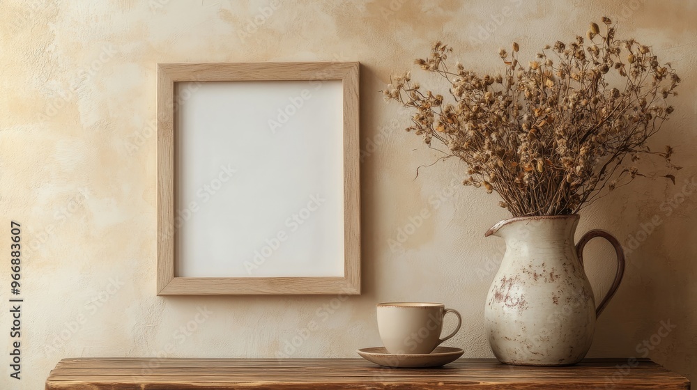Poster an empty wooden picture frame is displayed on a beige wall, complemented by a rustic pitcher and a c