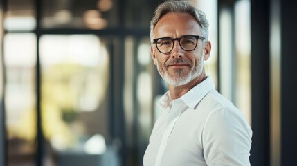 A midaged businessman stands confidently in a modern office, exuding professionalism and approachability with a relaxed posture, ready to engage with colleagues