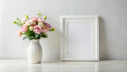 Silhouette of white frame next to vase with flower arrangements