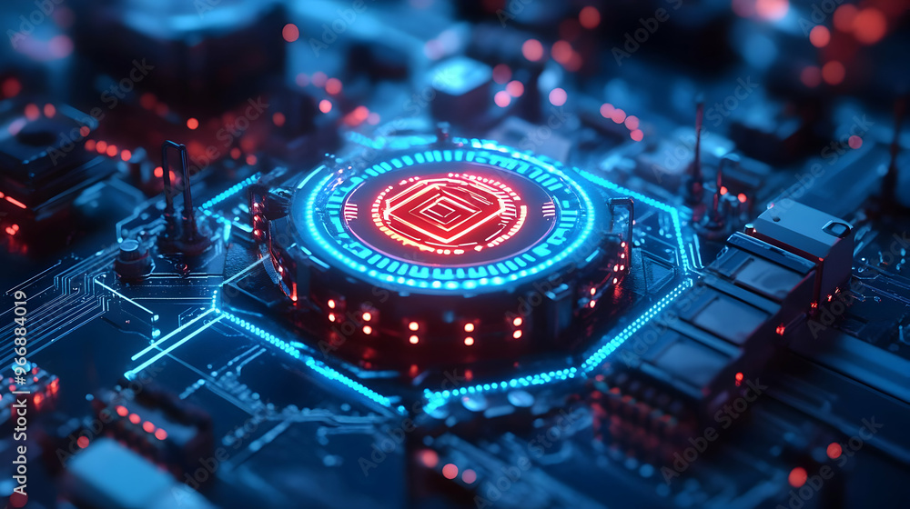 Poster a close-up view of a futuristic circuit board with glowing elements and intricate details.