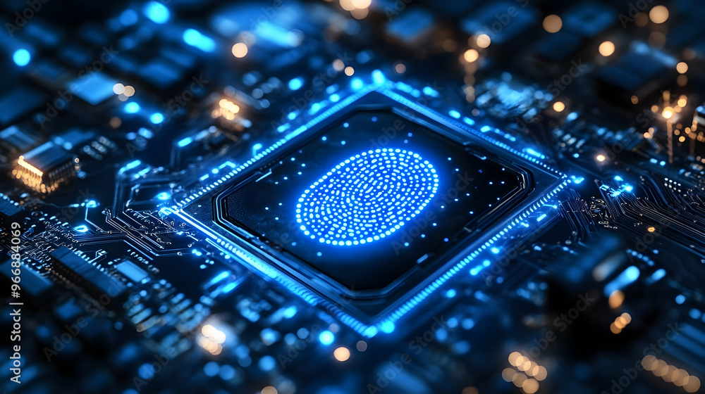 Poster a close-up view of a microchip with blue lights, showcasing technology and circuitry.