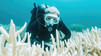 A marine biologist carefully examining signs of coral bleaching and environmental stressors affecting the delicate ocean ecosystem