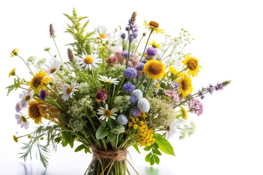 Silhouette of wild herbs and flowers on white background