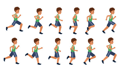 Man running cycle set. Fitness guy in sportive uniform. Pack of characters for creating animations. Active lifestyle and sports. Flat vector collection