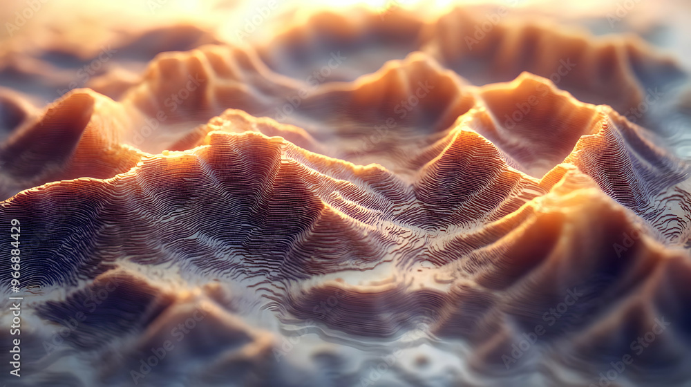 Poster a close-up view of stylized mountain terrain with soft lighting and intricate textures.