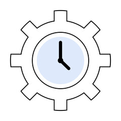 A simple design featuring a clock with black hands inside a light blue circle, encased in a white gear shape. Ideal for time management, engineering, technology, productivity, efficiency themes.