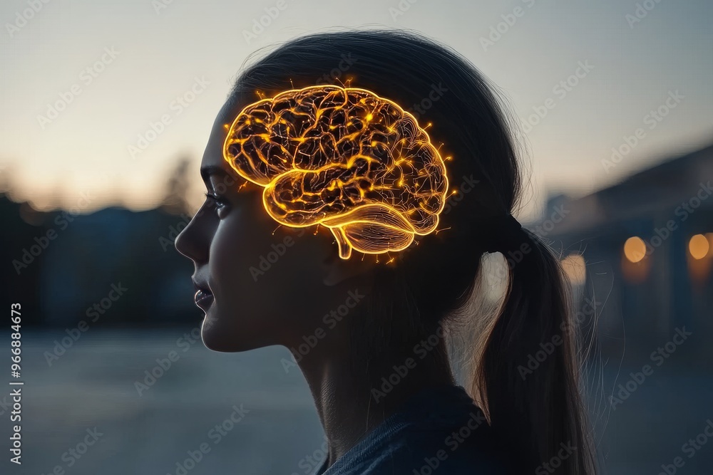 Aufkleber glial cells resting state networks and neuromotor processing woman’s silhouette with a glowing brain