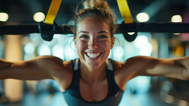 Smiling Person in TRX Suspension Workout at Modern Gym – Dynamic Fitness Atmosphere - Powered by Adobe