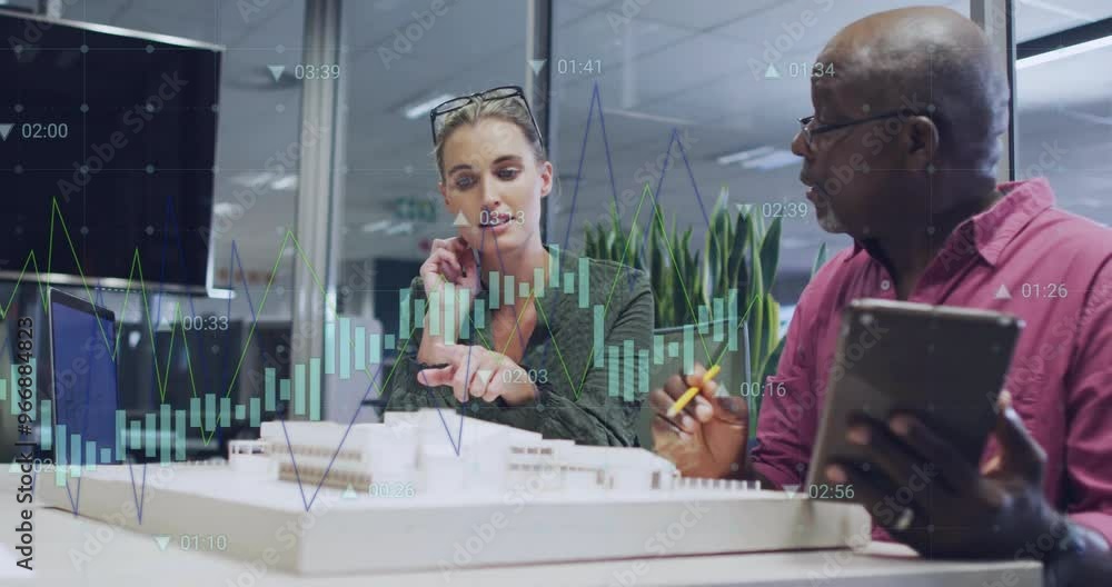 Poster animation of diagram and data processing over diverse colleagues talking in office