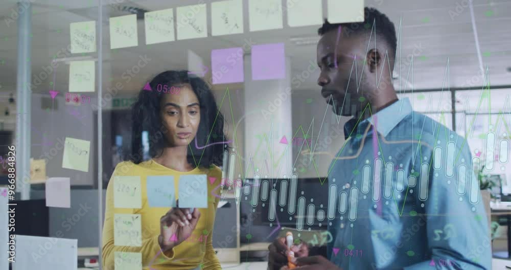 Aufkleber animation of diagram and data processing over diverse colleagues talking in office