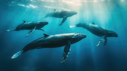 Fototapeta premium Humpback whales engaging in complex marine behavior communicating with their distinctive underwater songs and vocalizations in the vast blue ocean environment