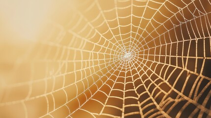 Closeup of Dewy Spider Web with Golden Background