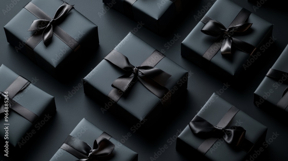 Poster a collection of neatly arranged black gift boxes tied with elegant ribbons sits on a matte black sur