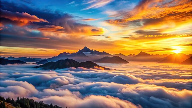 Silhouette sunset in the mountains with towering peaks and rolling clouds