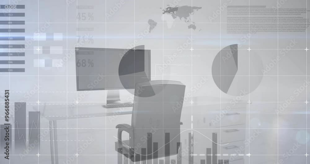 Poster animation of data processing and diagrams over empty office