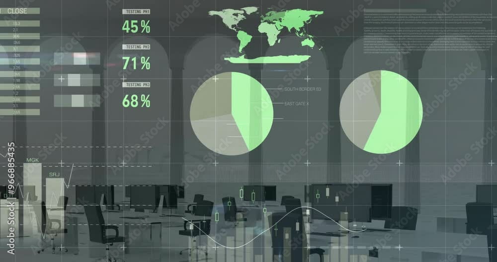Poster animation of data processing and diagrams over empty office