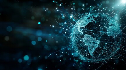 A wide-angle view showcases a digital globe formed by intricate lines and shapes, glowing with vibrant blue and green lights, evoking a sense of global connectivity and technology