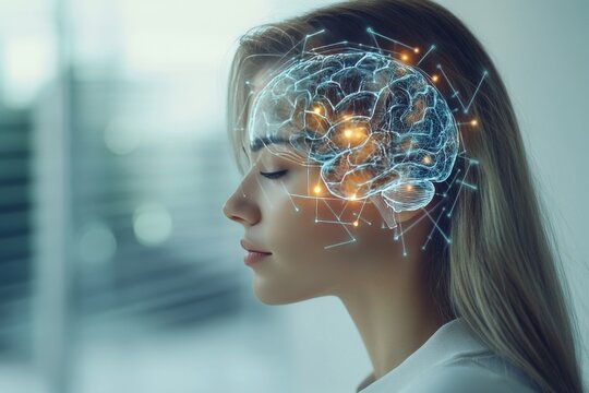 Transcranial stimulation cognitive rehabilitation and neuromechanics side profile of a woman with neural visualization representing advanced thinking and creative potential