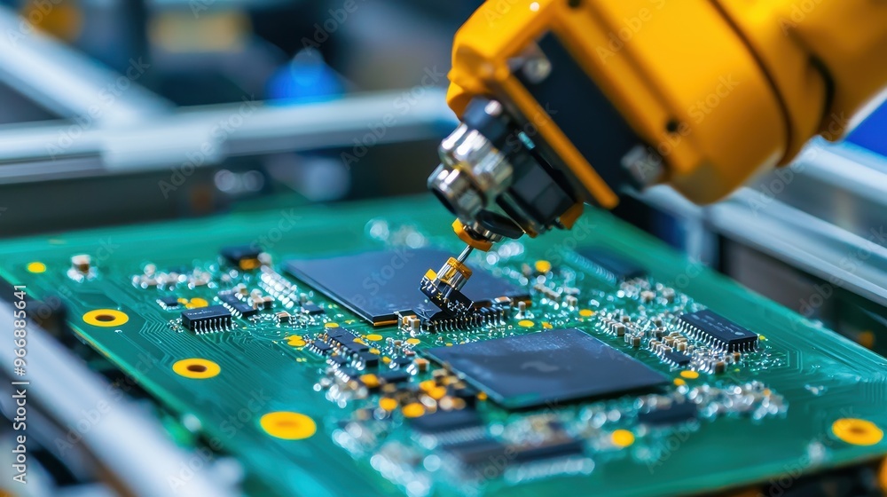 Aufkleber robotic arm assembling circuit board in factory
