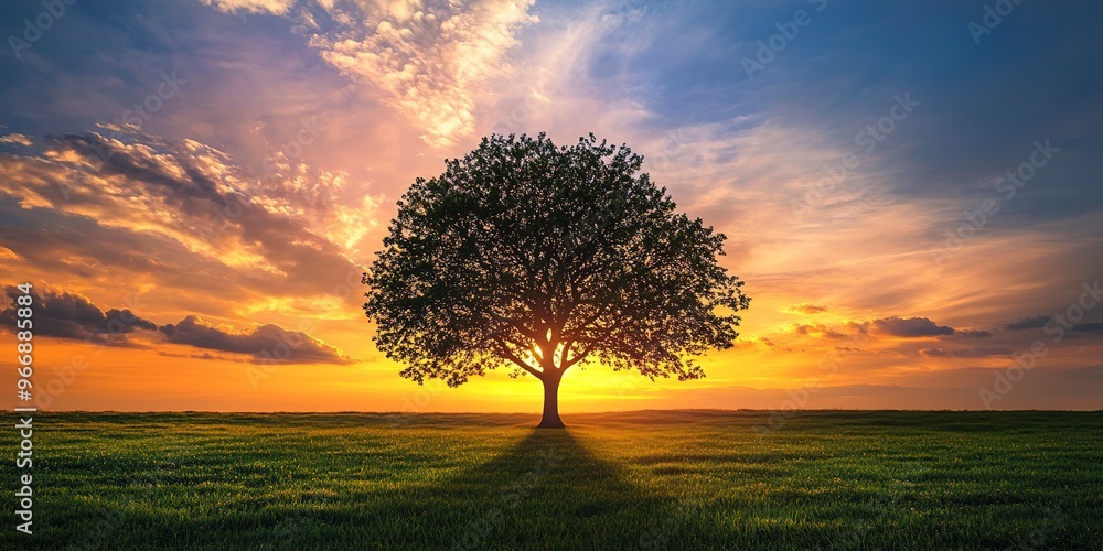 Sticker Lone tree in middle of open field at sunset beautiful sky clouds in background sun is setting behind casting long shadows on branches leaves green grass all around the tree 