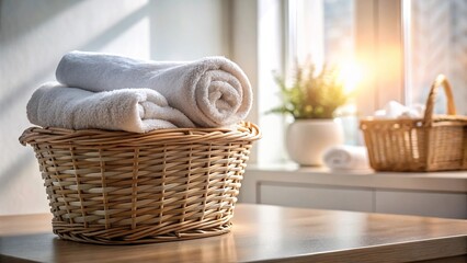 Fototapeta premium Silhouette wicker basket with clean towels on table in bathroom closeup
