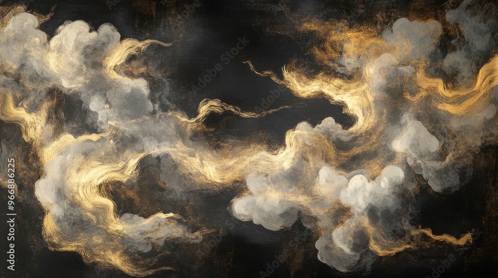 Fototapete layers of abstract clouds in silver and gold swirl across a dark background, blending with soft ink 