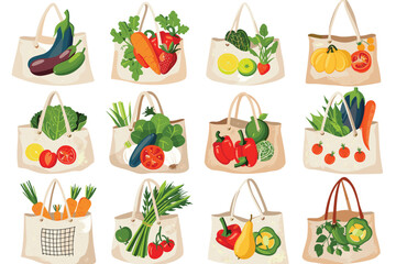 Different cotton eco friendly bags. green lifestyle, zero waste reusable shoppers, fruits and vegetables in canvas bags, nets, vector Net bags with various products. Zero waste, plastic free concept. 