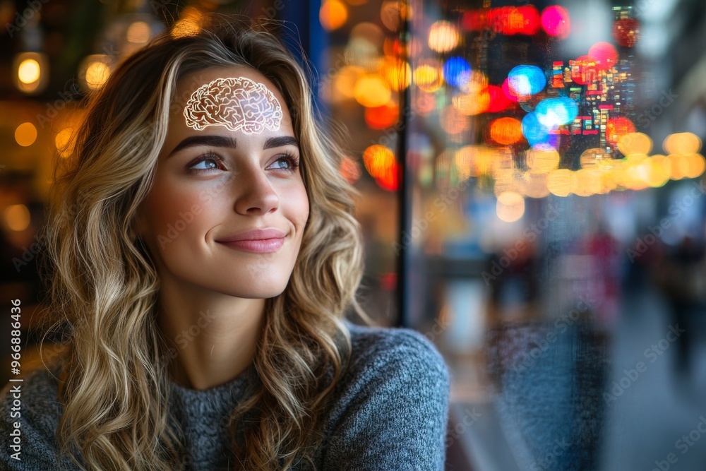 Aufkleber cortical volume dendritic structure and neurocognitive development woman smiling with glowing brain 