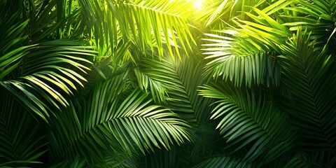 A close-up of vibrant green palm leaves illuminated by sunlight, creating a lush and tropical backdrop 