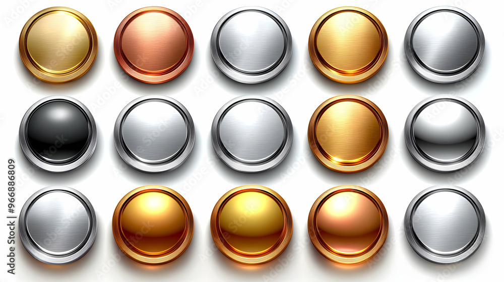 Aufkleber a collection of metallic buttons in various colors and finishes arranged in a grid.