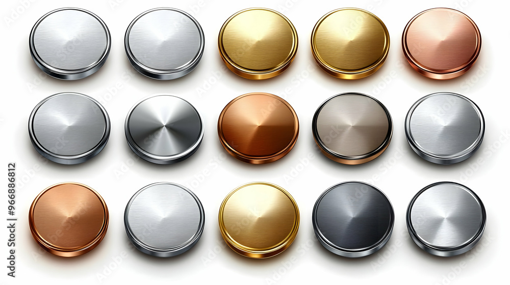 Aufkleber a collection of metallic buttons in various finishes and colors arranged in a grid.