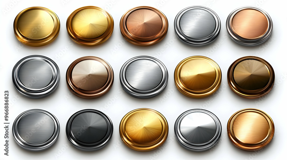 Aufkleber a collection of metallic buttons in various finishes and colors arranged in a grid.