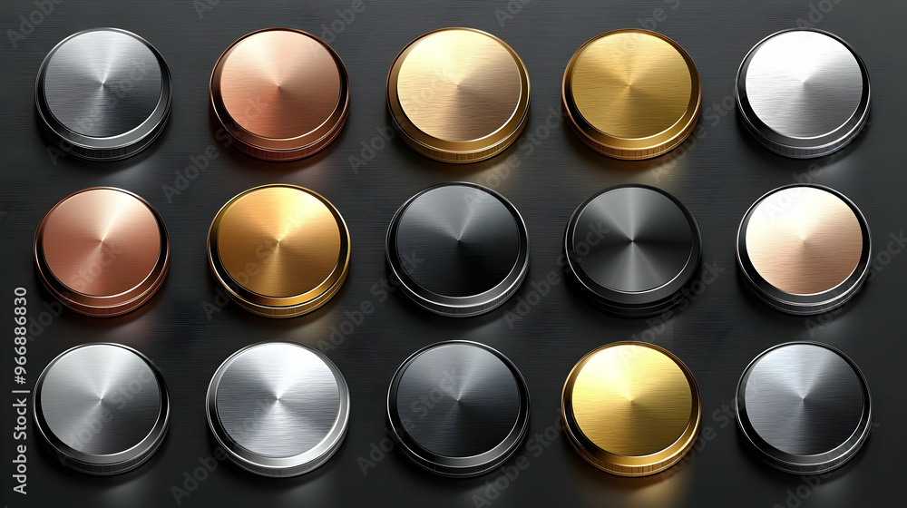 Aufkleber a collection of metallic buttons in various finishes arranged in a grid pattern.