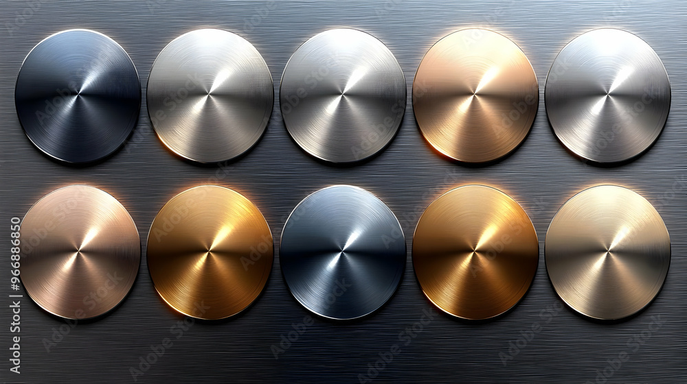 Poster a collection of metallic circular buttons with various finishes on a textured background.