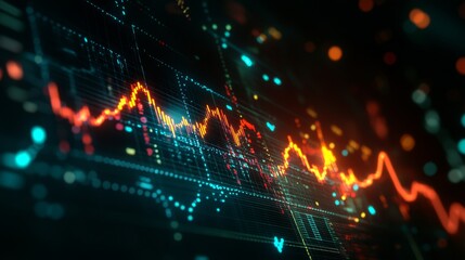 Glowing lines and bars represent a dynamic stock market graph, illustrating growth trends in trading activity with vibrant colors and visual data representations