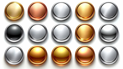 A collection of metallic buttons in various colors and finishes arranged in a grid.