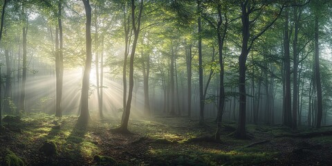 Natural Forest of woods with sunbeams through fog and leaves branch create mystic atmosphere. natural green beech forest in the morning light. busy forest with wood tree 