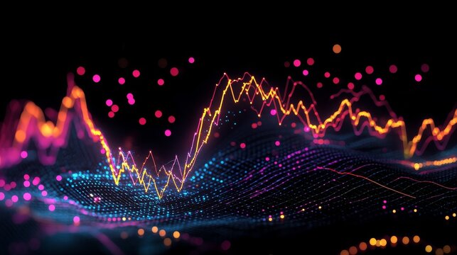 A vibrant stock market graph displays fluctuating growth trends with glowing lines and bars. The digital representation illustrates market dynamics and trading activity