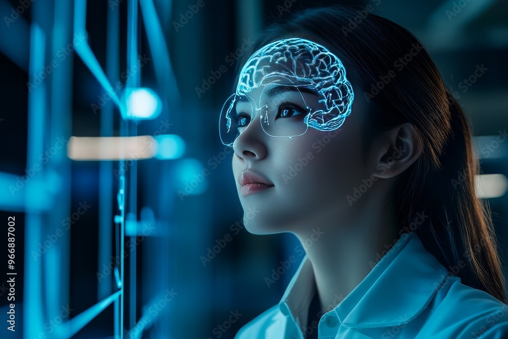 Poster cognitive therapy cognitive processing and brain entrainment woman in lab setting with neural visual