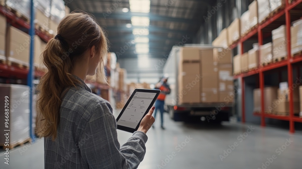 Poster a female manager uses a tablet to oversee logistics operations in a busy warehouse, monitoring the l
