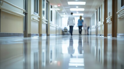 A doctor is seen walking through a smooth, reflective hospital corridor, suggesting a bustling atmosphere in the healthcare facility during daylight hours